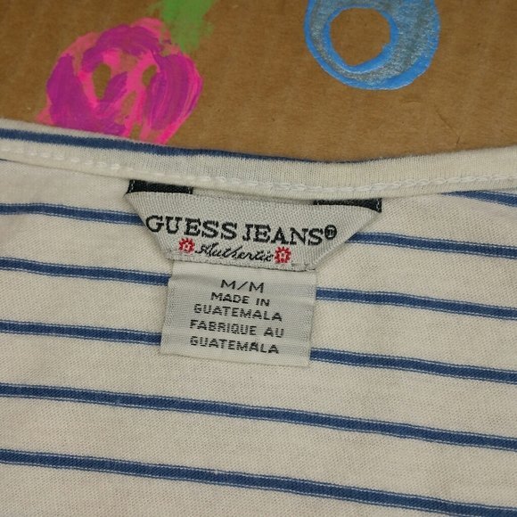 Guess Jeans Blue & White Cold Shoulder T Shirt M - Picture 5 of 10